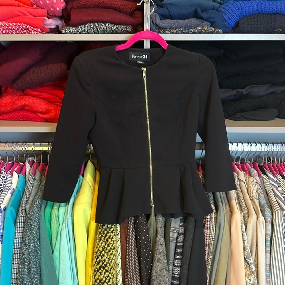 Vintage Forever 21 black 3/4 sleeve peplum zip front blazer size S